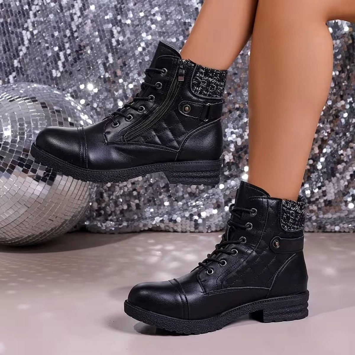 Women's Boots Quilted Faux Leather Lace-Up Side Zip Ankle Booties