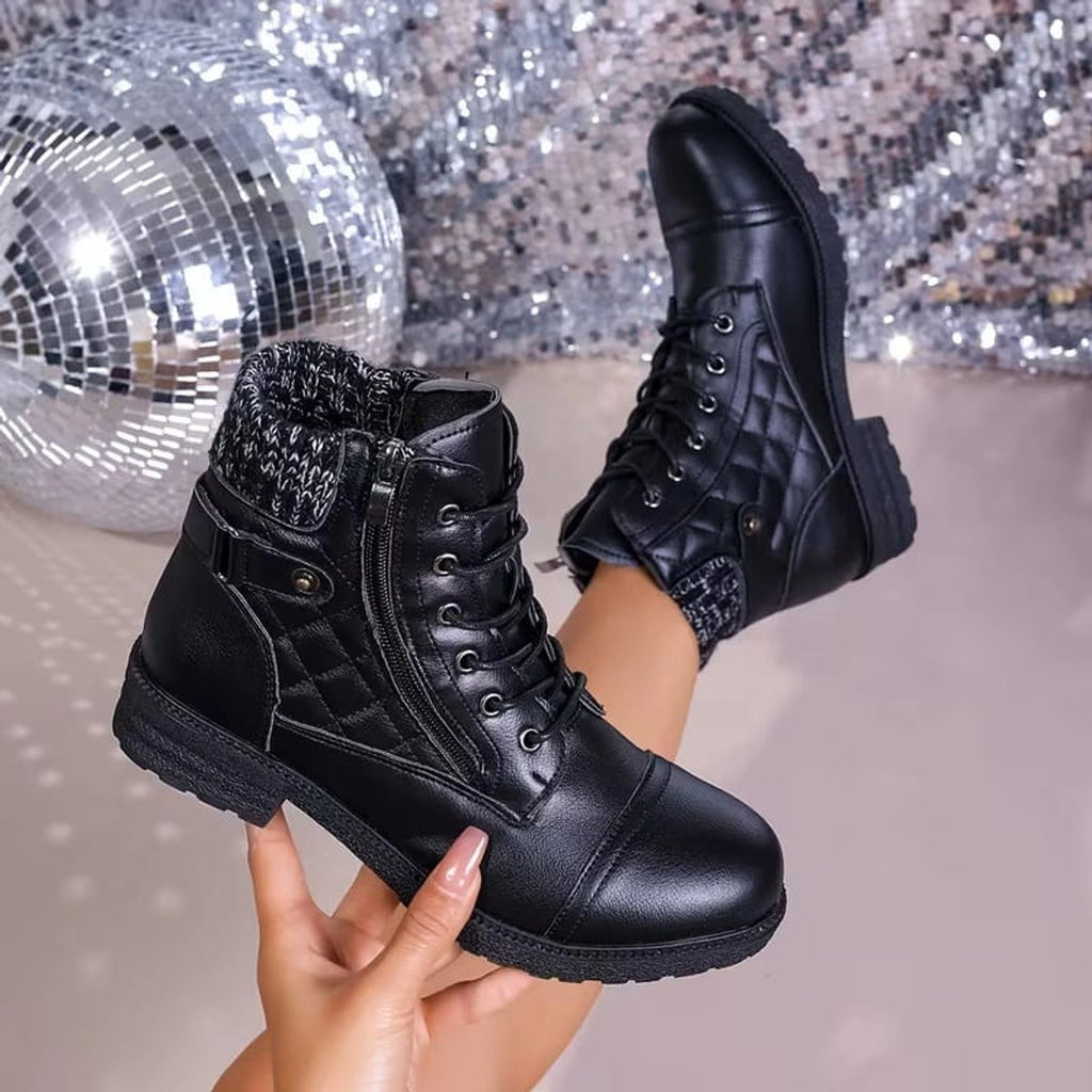 Women's Boots Quilted Faux Leather Lace-Up Side Zip Ankle Booties