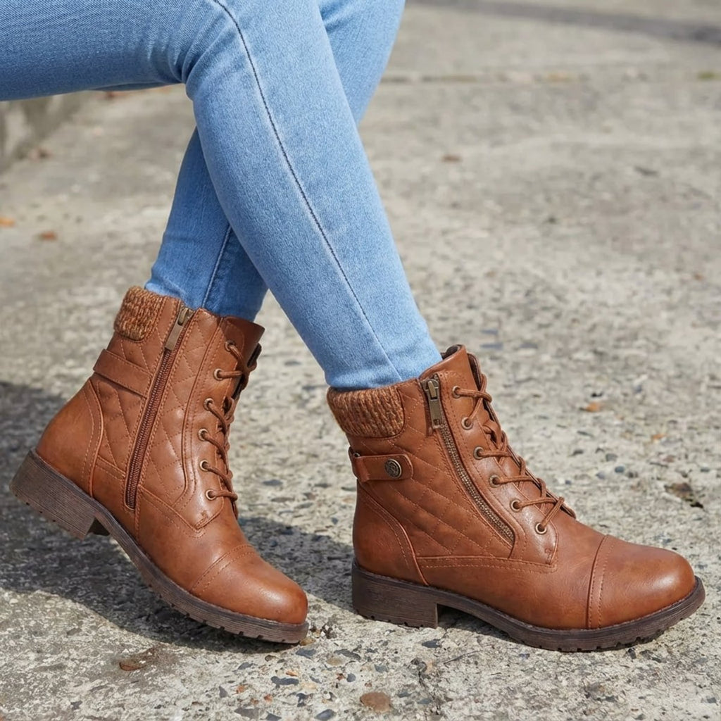 Women's Boots Quilted Faux Leather Lace-Up Side Zip Ankle Booties
