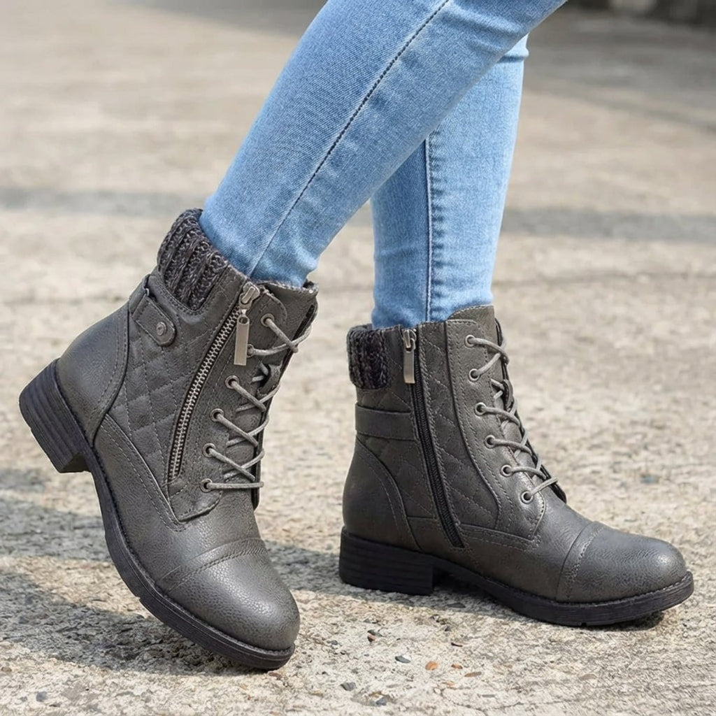 Women's Boots Quilted Faux Leather Lace-Up Side Zip Ankle Booties - Gray
