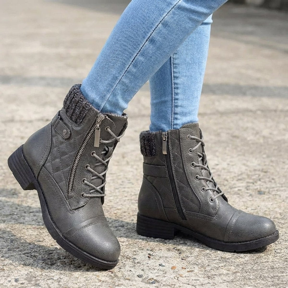 Women's Boots Quilted Faux Leather Lace-Up Side Zip Ankle Booties - Gray