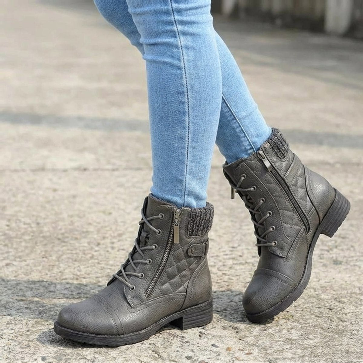 Women's Boots Quilted Faux Leather Lace-Up Side Zip Ankle Booties