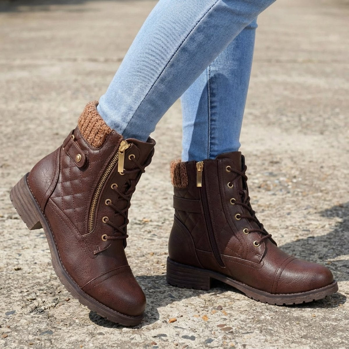 Women's Boots Quilted Faux Leather Lace-Up Side Zip Ankle Booties - Dark Brown