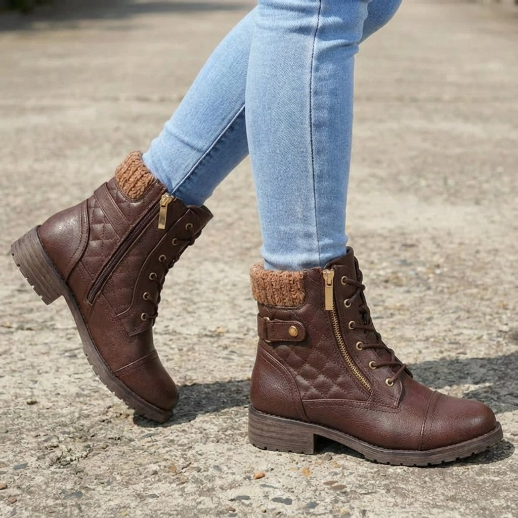 Women's Boots Quilted Faux Leather Lace-Up Side Zip Ankle Booties