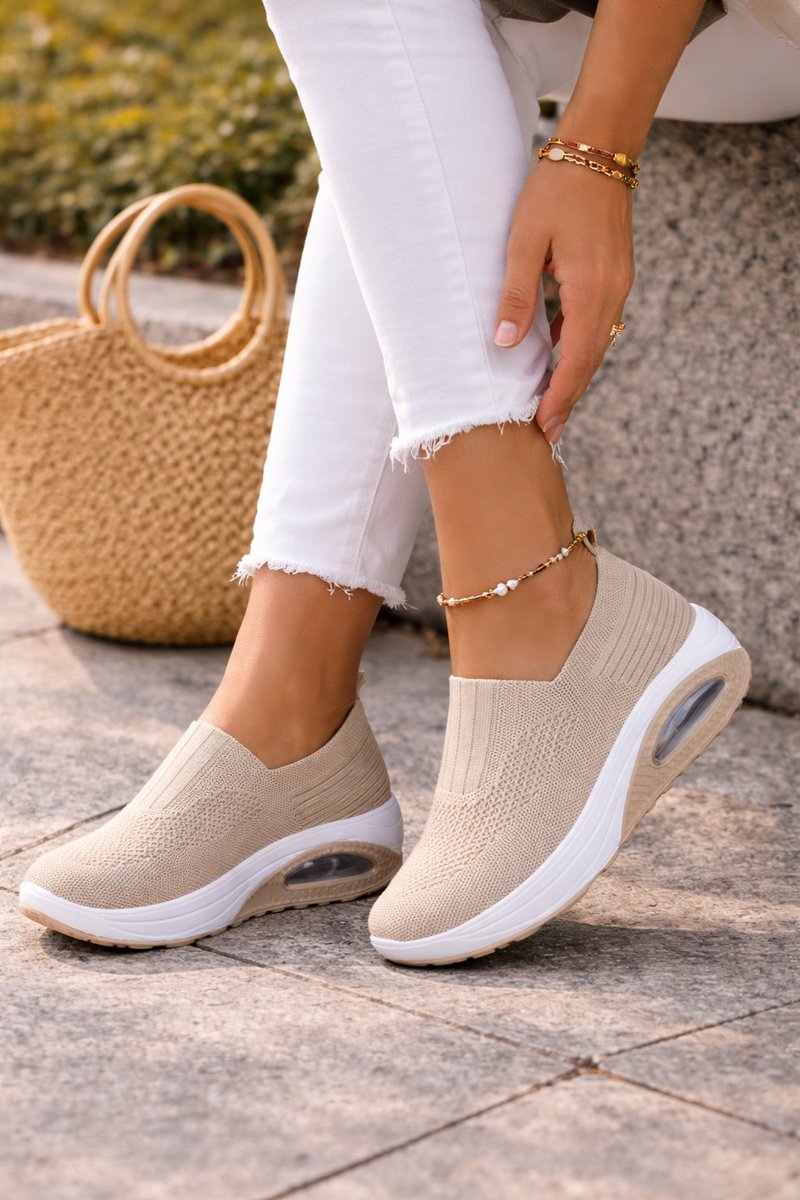 Women's Boots Slip-On Knit Cushioned Walking Sneakers - Beige