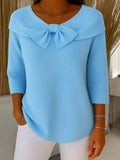 Women's Bow-Detail Ribbed Knit Sweater 3/4 Sleeve - Blue