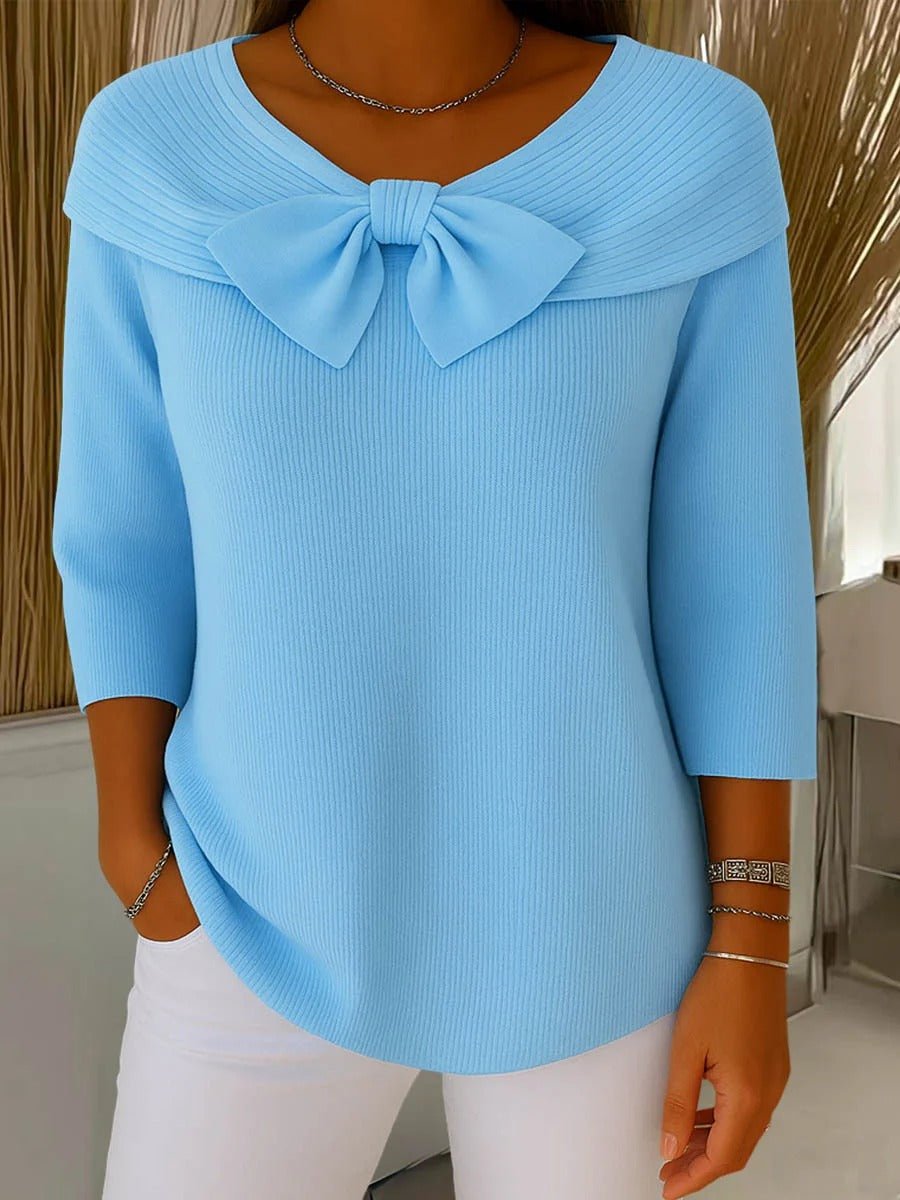 Women's Bow-Detail Ribbed Knit Sweater 3/4 Sleeve - Blue