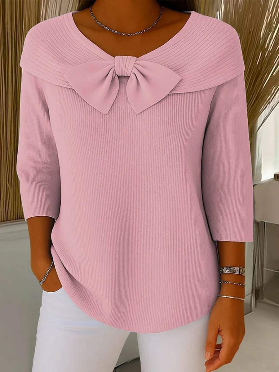 Women's Bow-Detail Ribbed Knit Sweater 3/4 Sleeve - Pink