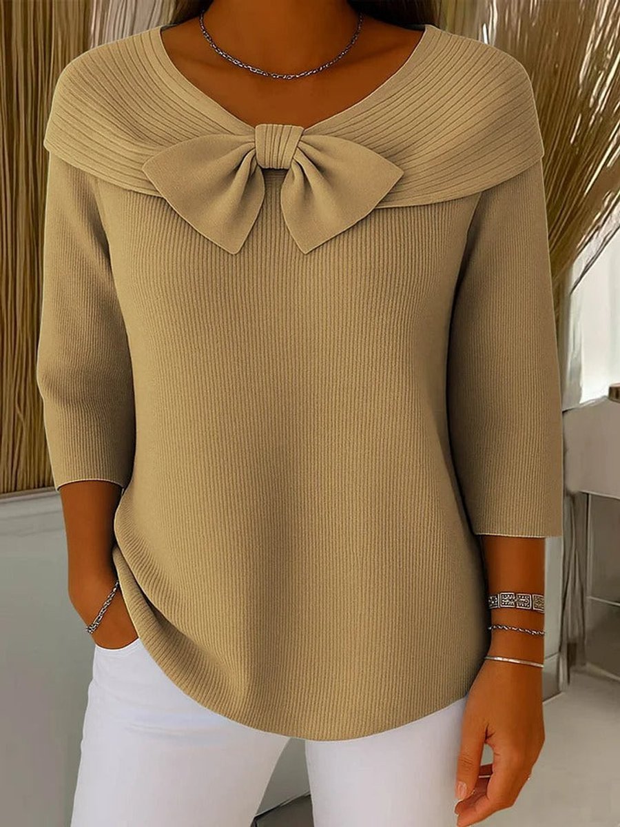 Women's Bow-Detail Ribbed Knit Sweater 3/4 Sleeve - Khaki