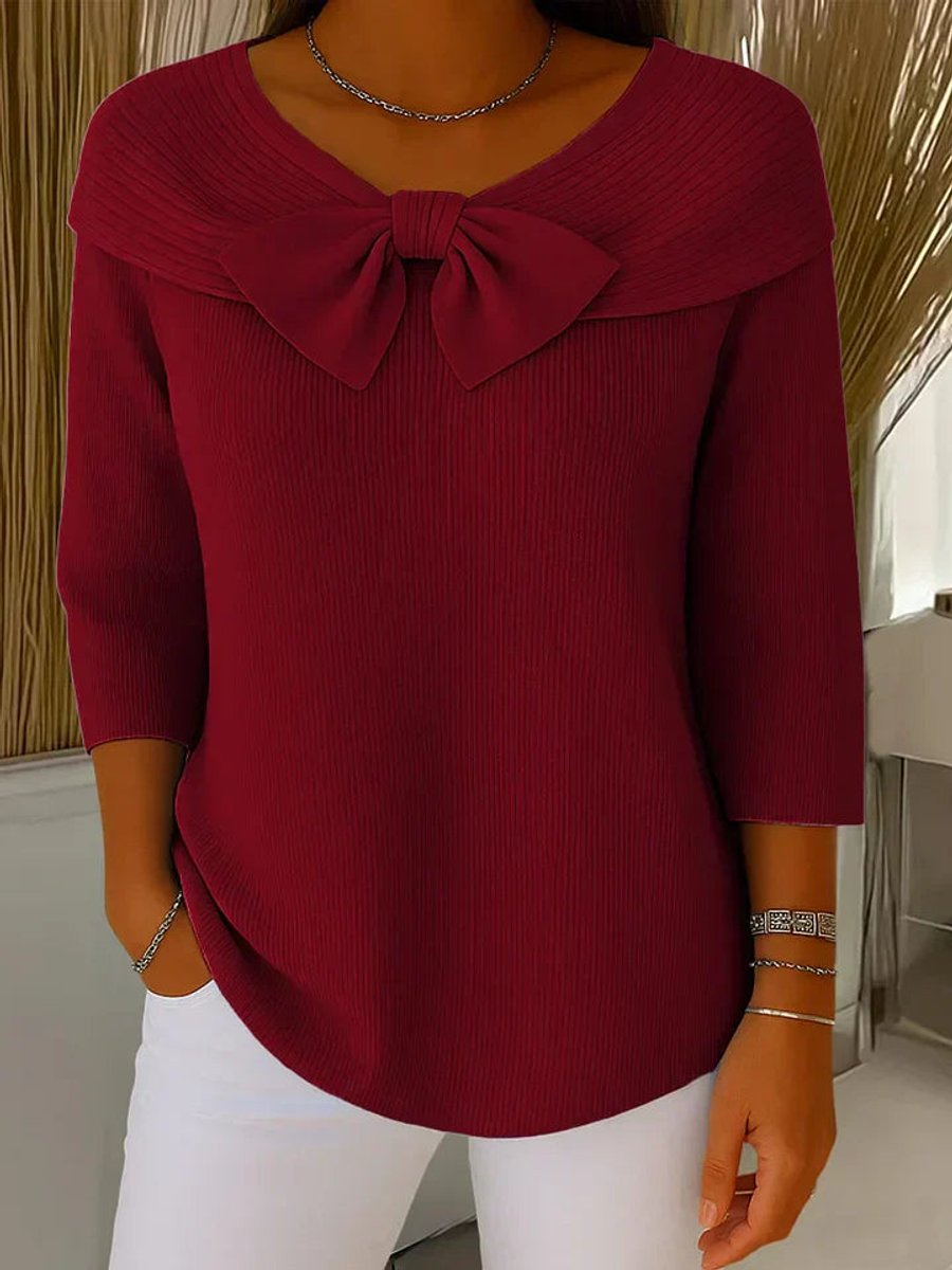 Women's Bow-Detail Ribbed Knit Sweater 3/4 Sleeve - Red