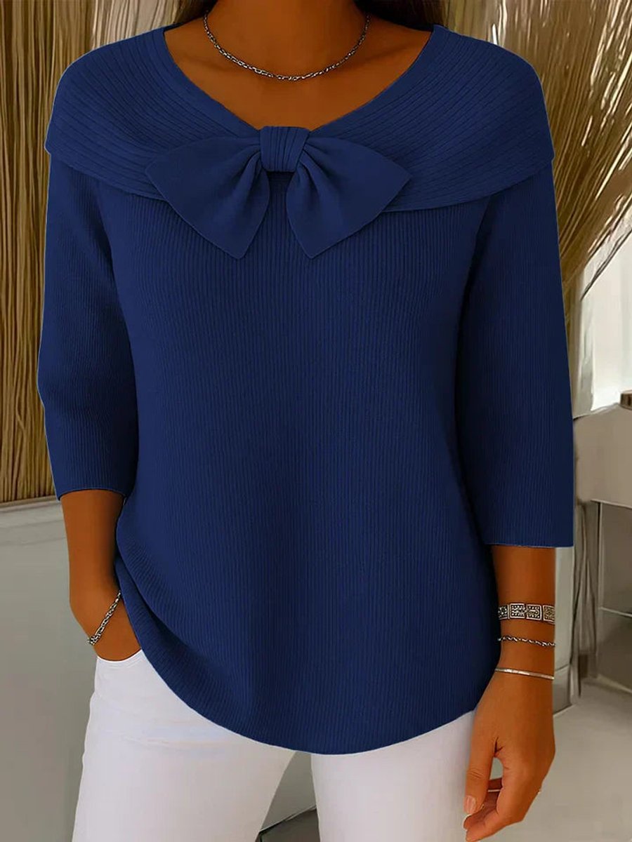 Women's Bow-Detail Ribbed Knit Sweater 3/4 Sleeve - Dark Blue