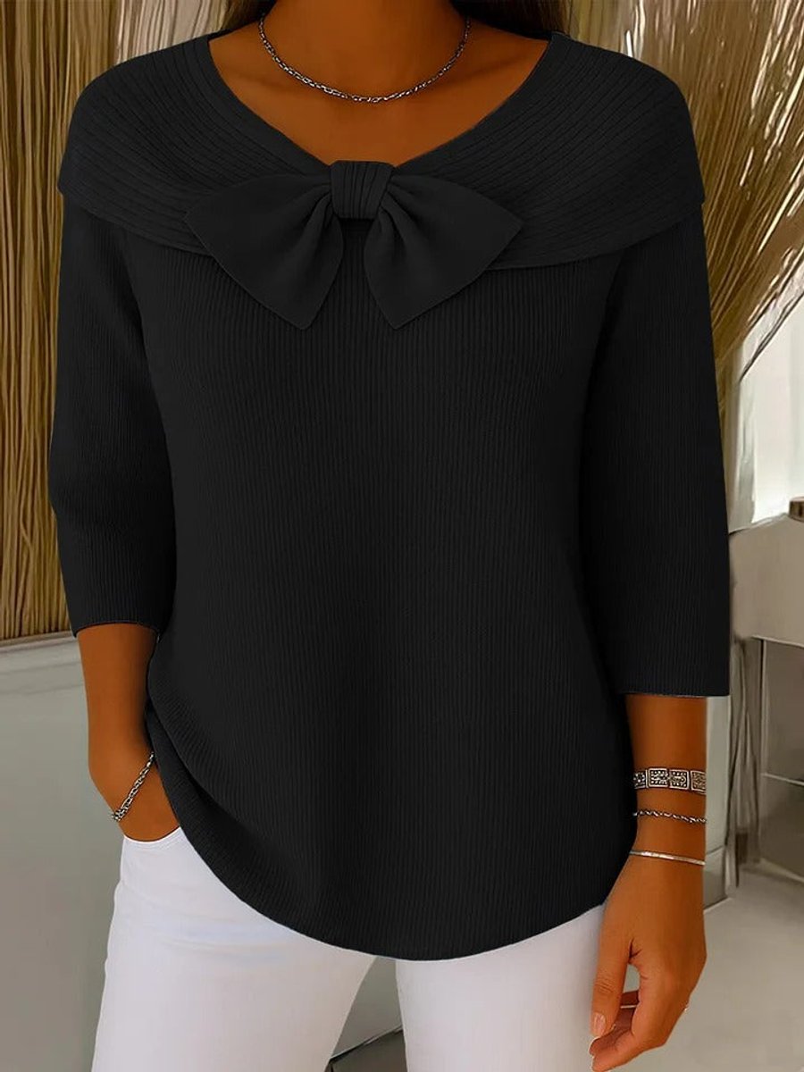 Women's Bow-Detail Ribbed Knit Sweater 3/4 Sleeve - Black