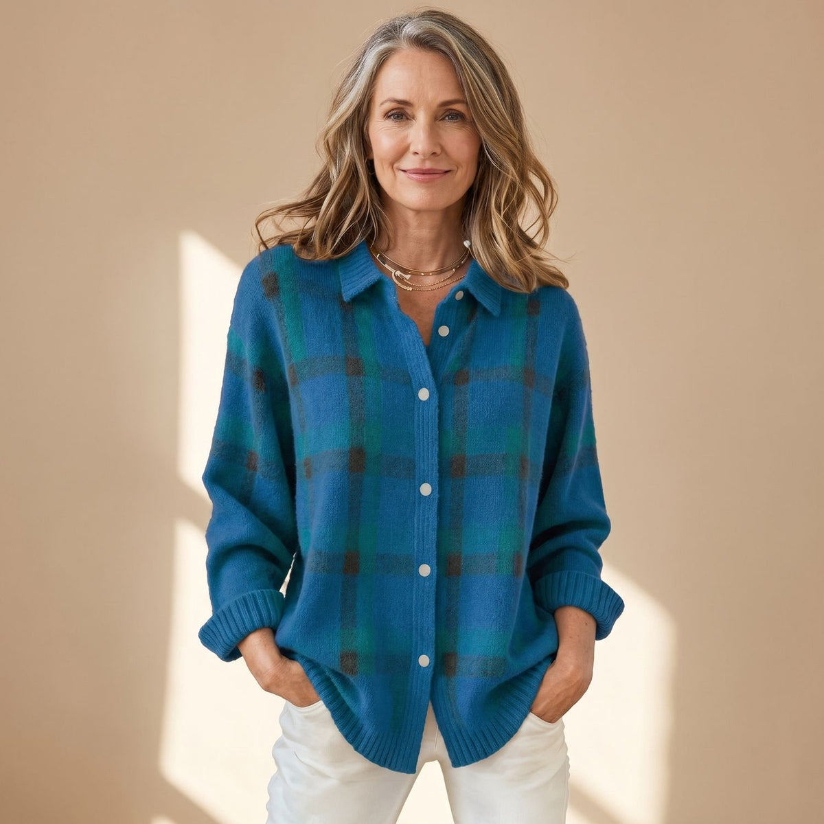Women's Brushed Knit Plaid Shacket Button-Down Cardigan - Blue