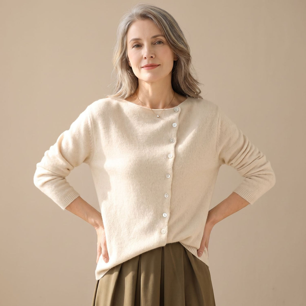 Women's Button-Down Knit Cardigan Long Sleeve Sweater - Beige
