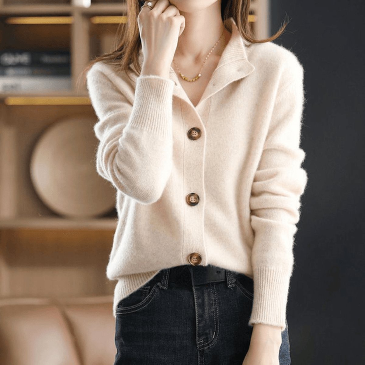 Women's Button-Front Cashmere Knit Cardigan - Beige