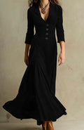 Women's Button-Front V-Neck Maxi Long Sleeve Dress - Black