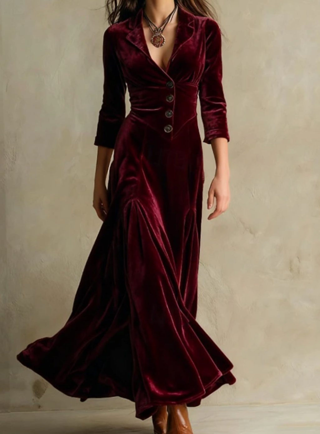 Women's Button-Front V-Neck Maxi Long Sleeve Dress - Burgundy