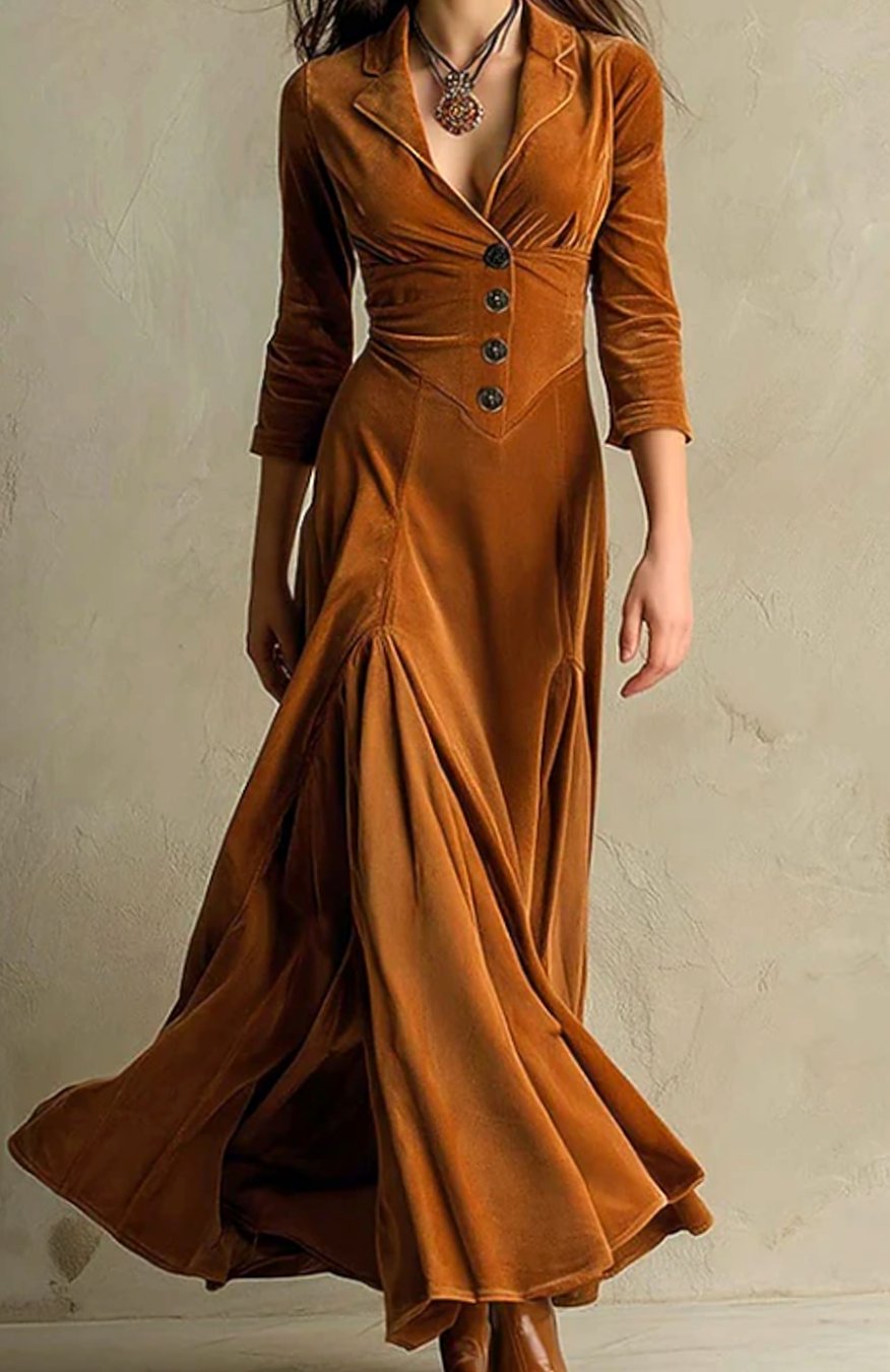 Women's Button-Front V-Neck Maxi Long Sleeve Dress - Brown