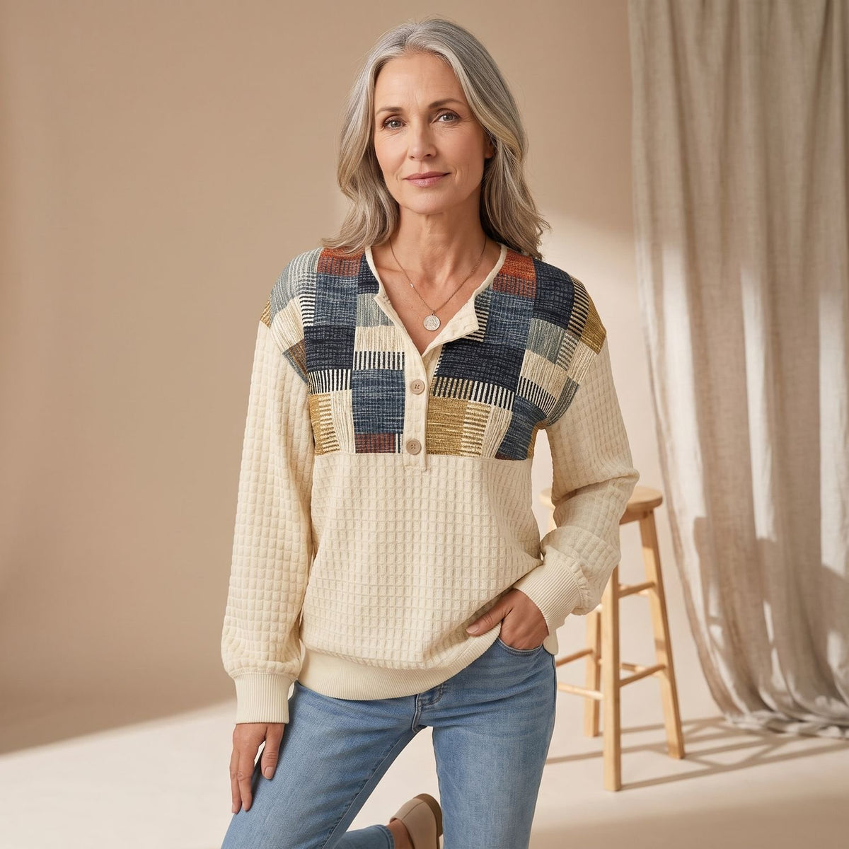 Women's Button-Front Waffle Knit Patchwork Pullover Sweater - Squares