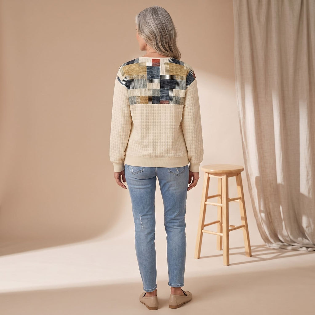Women's Button-Front Waffle Knit Patchwork Pullover Sweater