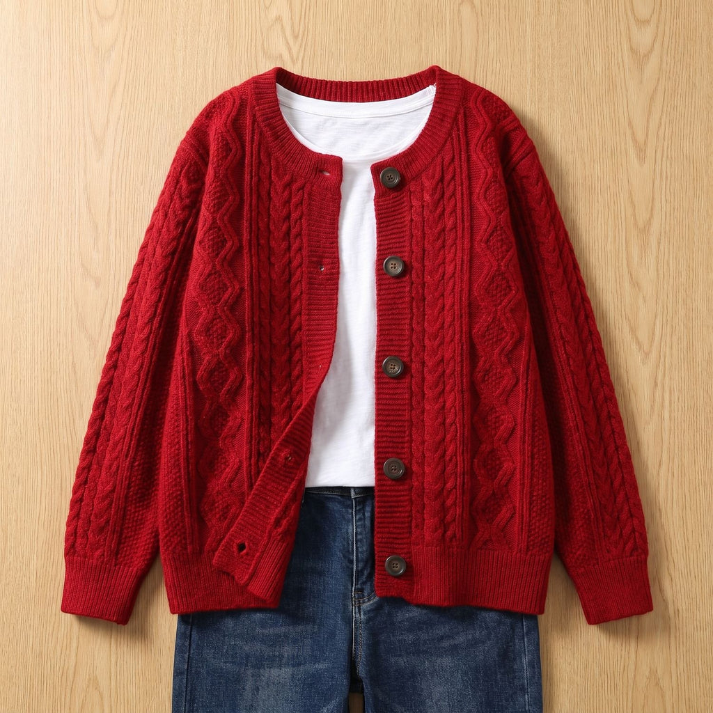 Women's Cable-Knit Button-Down Oversized Cardigan Sweater - Red