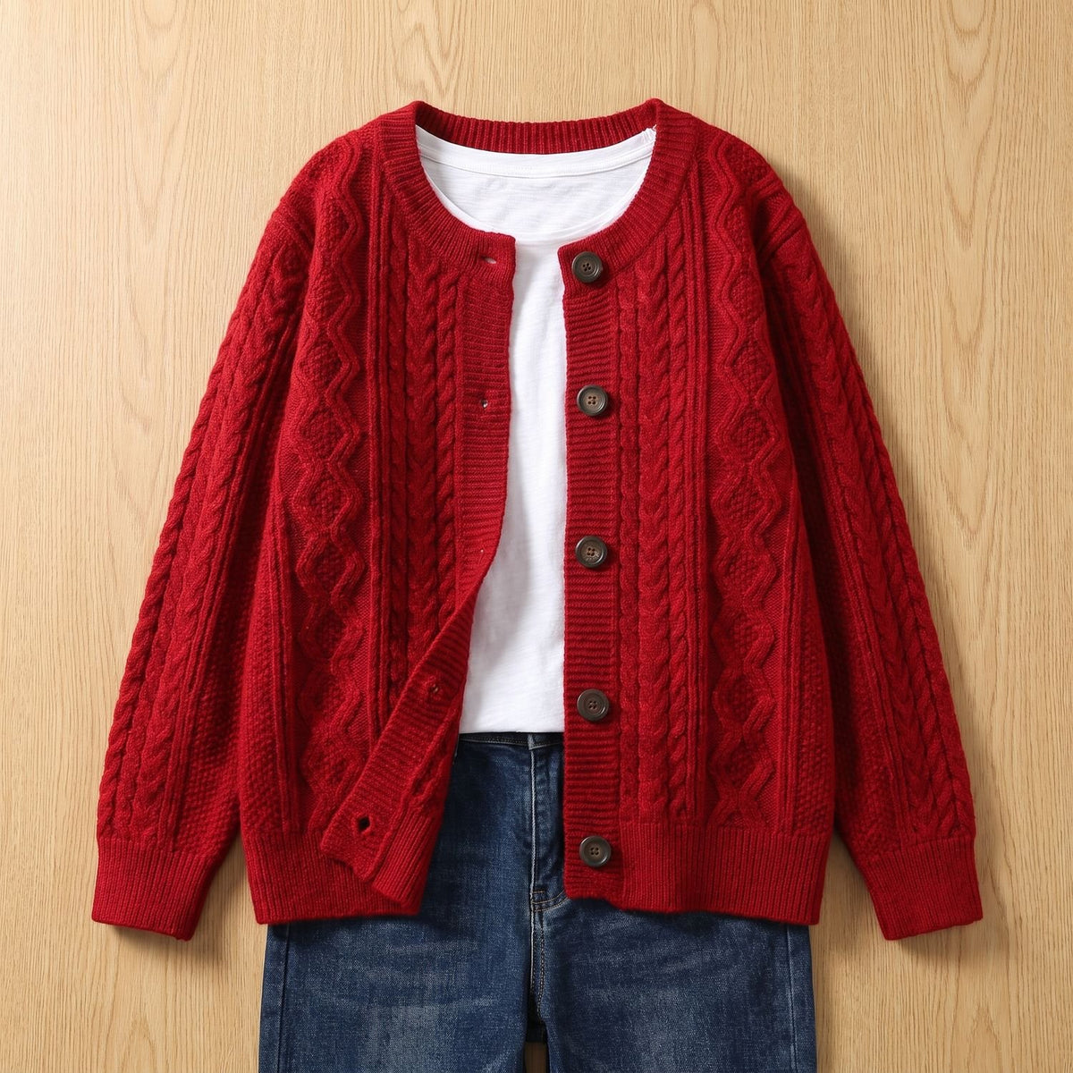 Women's Cable-Knit Button-Down Oversized Cardigan Sweater - Red