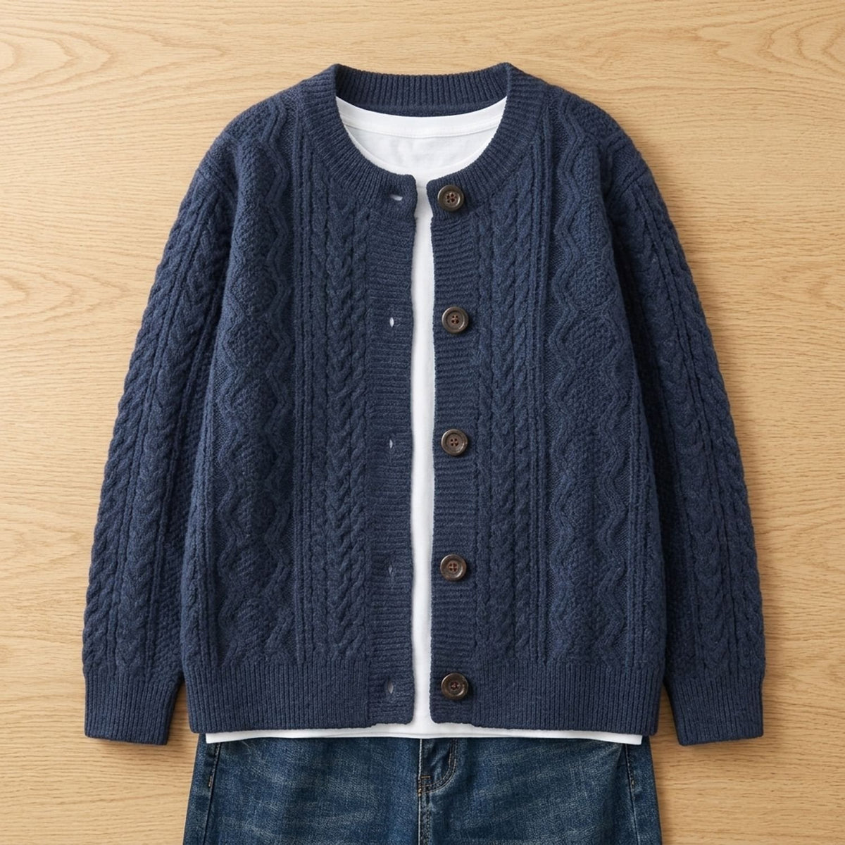 Women's Cable-Knit Button-Down Oversized Cardigan Sweater - Navy Blue