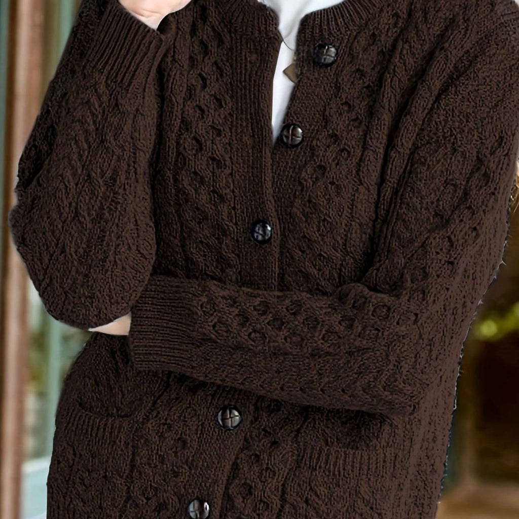 Women's Cable-Knit Button-Front Relaxed Cardigan Sweater - Coffee Brown