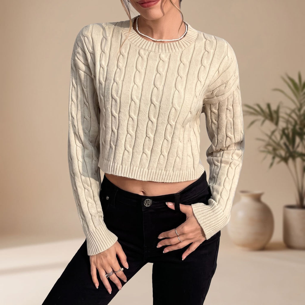 Women's Cable Knit Cropped Crew Neck Long Sleeve Sweater - Khaki