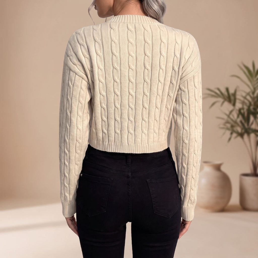 Women's Cable Knit Cropped Crew Neck Long Sleeve Sweater