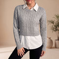 Women's Cable Knit Cropped Crew Neck Long Sleeve Sweater - Gray