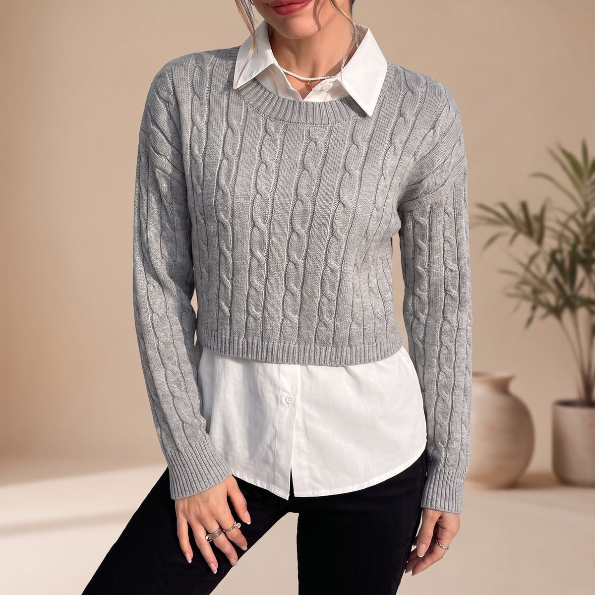 Women's Cable Knit Cropped Crew Neck Long Sleeve Sweater - Gray