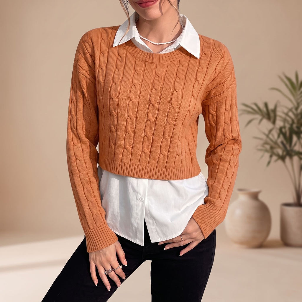 Women's Cable Knit Cropped Crew Neck Long Sleeve Sweater - Orange
