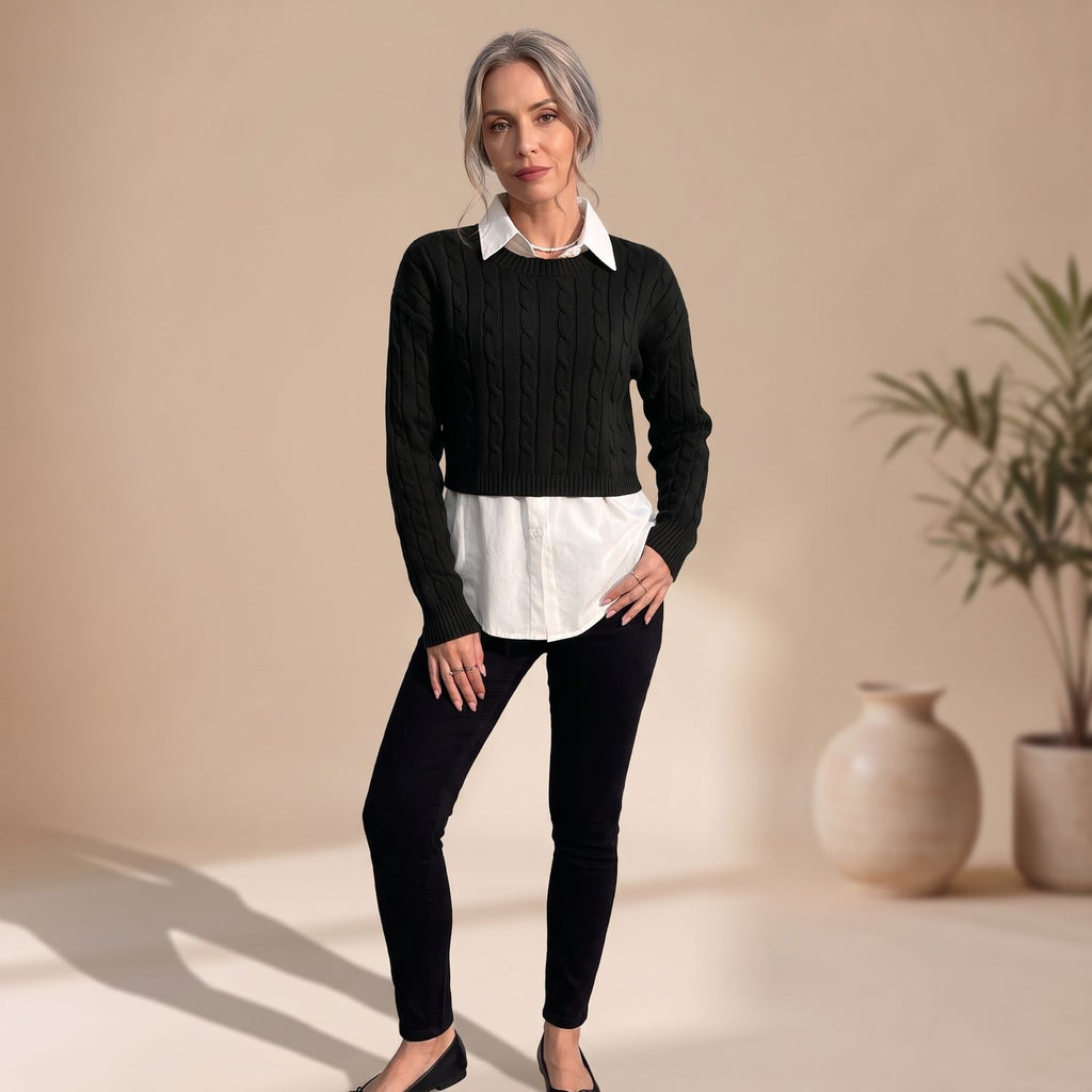 Women's Cable Knit Cropped Crew Neck Long Sleeve Sweater - Black
