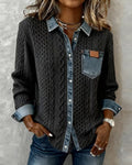 Women's Cable-Knit Denim-Patchwork Button-Down Shirt - Dark Gray