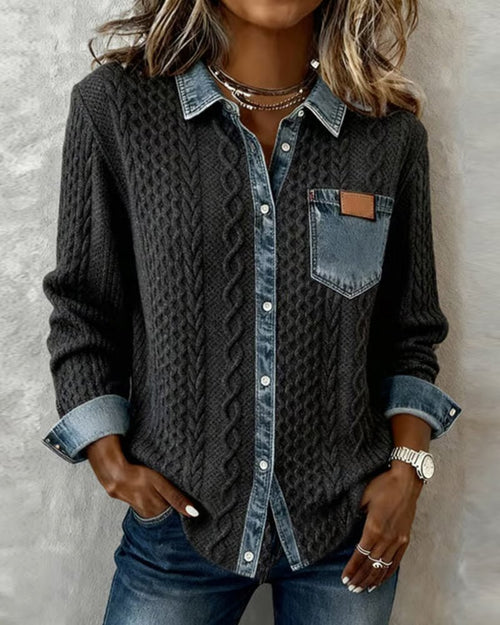 Women's Cable-Knit Denim-Patchwork Button-Down Shirt - Dark Gray
