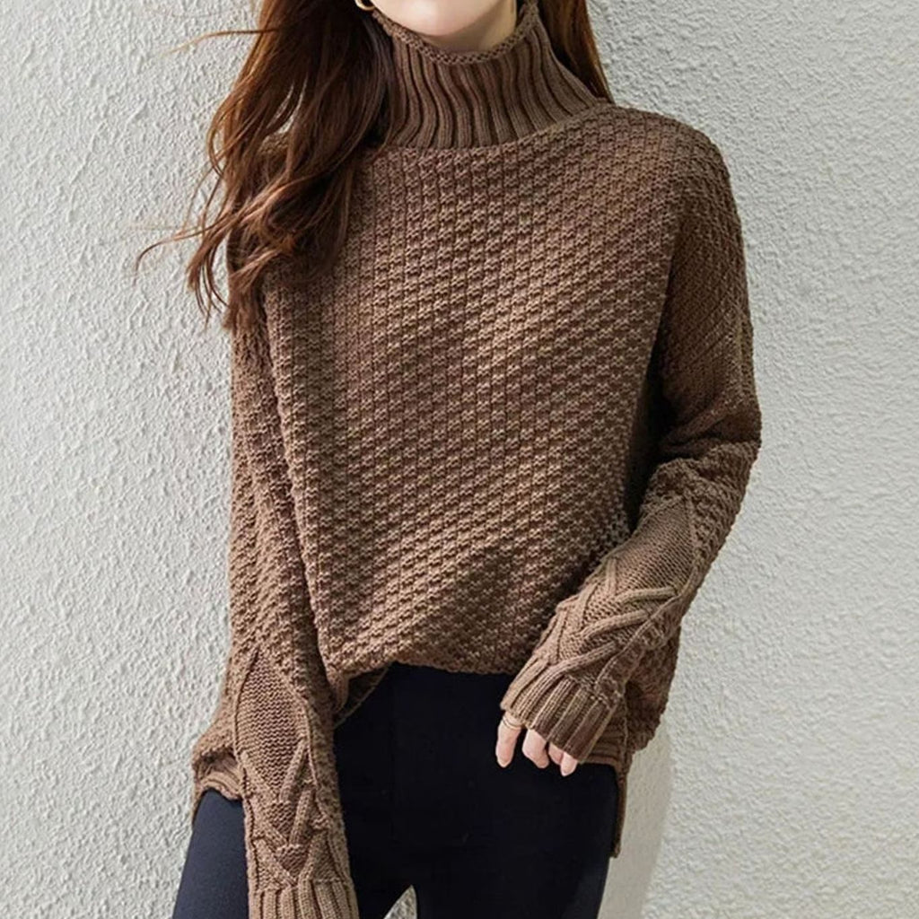 Women's Cable Knit Drop-Shoulder Turtleneck Sweater - Brown