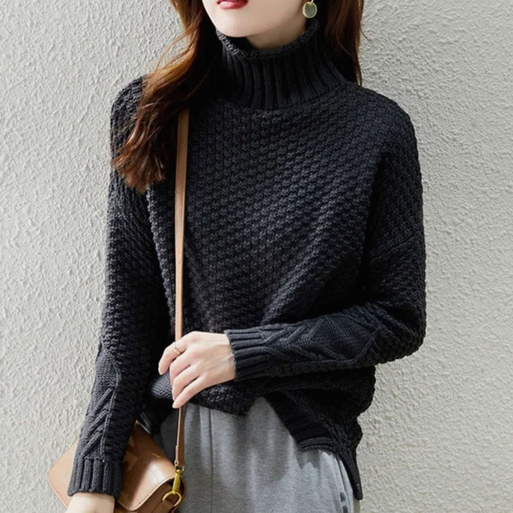 Women's Cable Knit Drop-Shoulder Turtleneck Sweater - Black