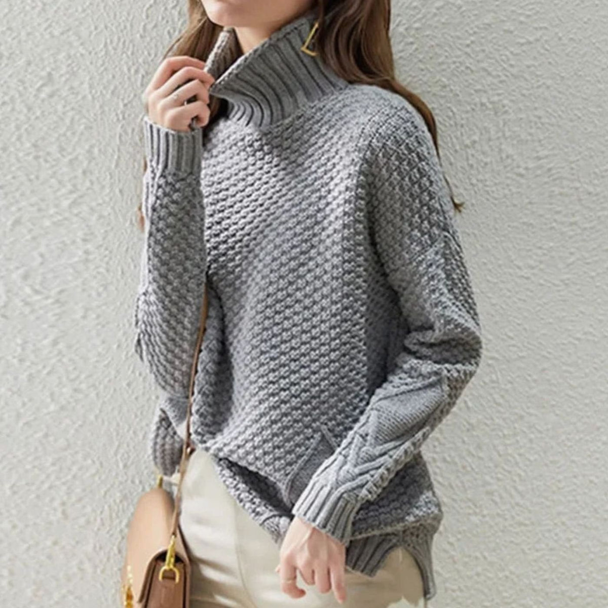 Women's Cable Knit Drop-Shoulder Turtleneck Sweater - Gray