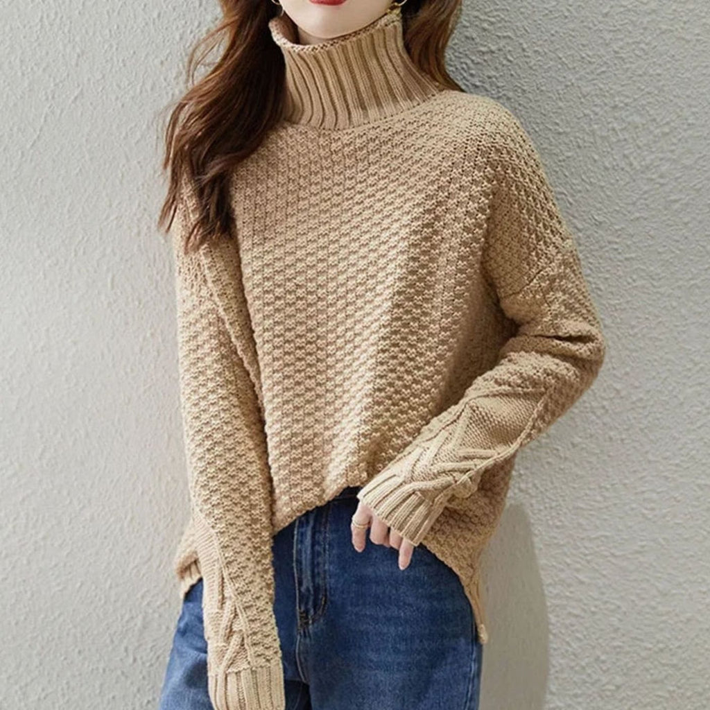 Women's Cable Knit Drop-Shoulder Turtleneck Sweater - Khaki