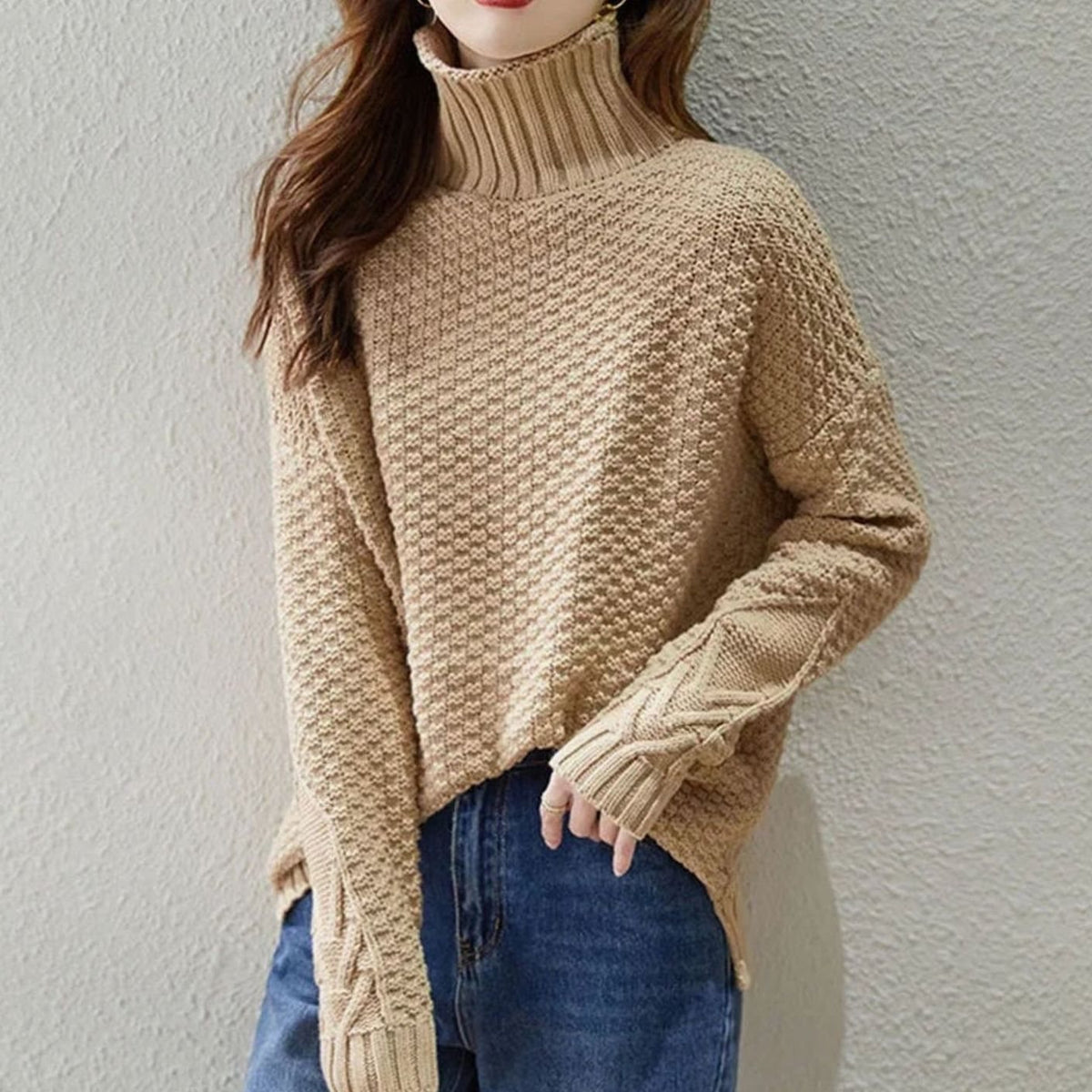 Women's Cable Knit Drop-Shoulder Turtleneck Sweater - Khaki