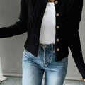 Women's Cable-Knit Gold-Button Cropped Cardigan - Black
