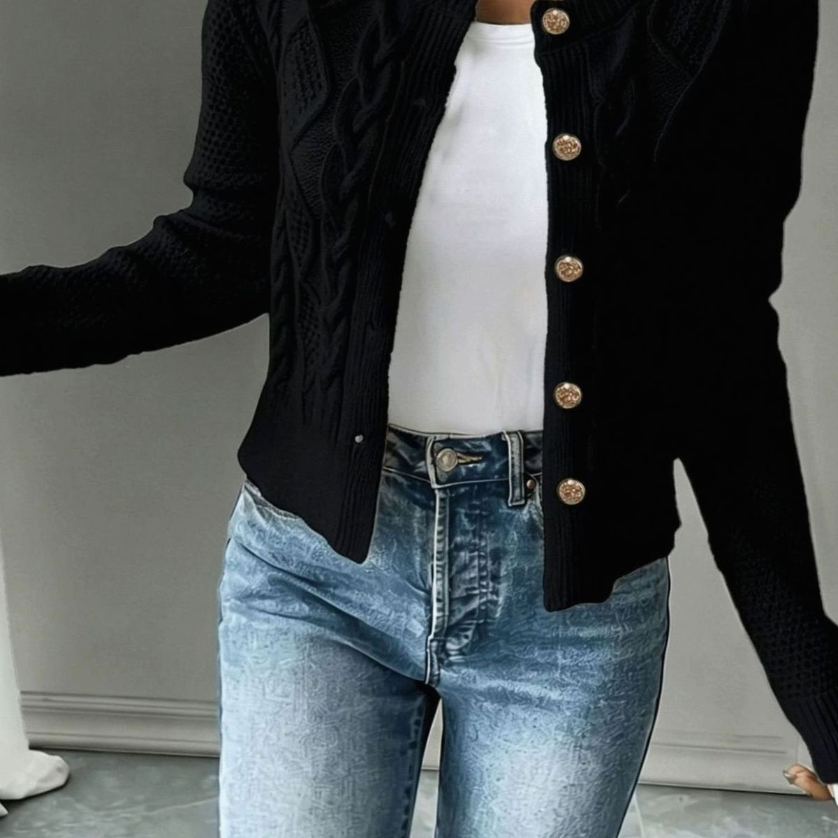 Women's Cable-Knit Gold-Button Cropped Cardigan - Black