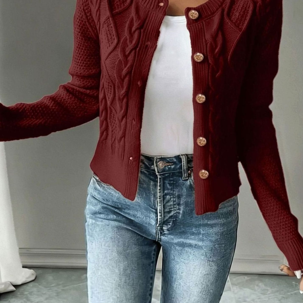 Women's Cable-Knit Gold-Button Cropped Cardigan - Deep Red