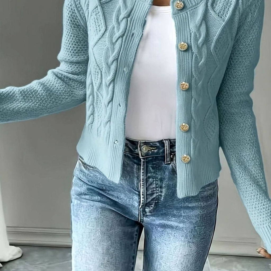 Women's Cable-Knit Gold-Button Cropped Cardigan - Sky Blue