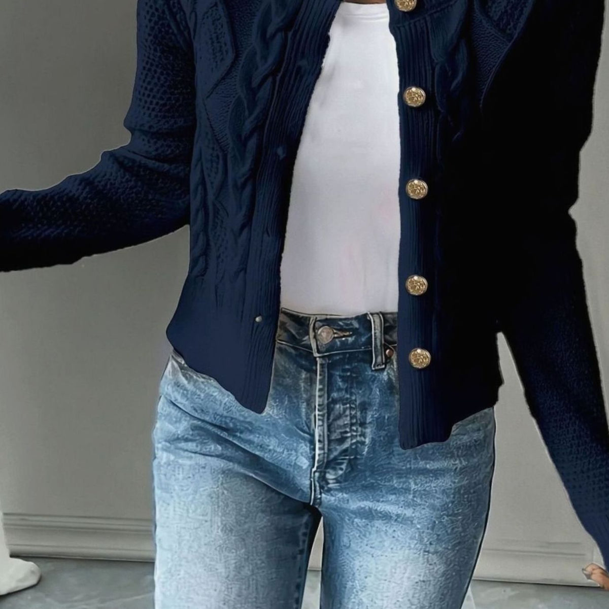 Women's Cable-Knit Gold-Button Cropped Cardigan - Navy