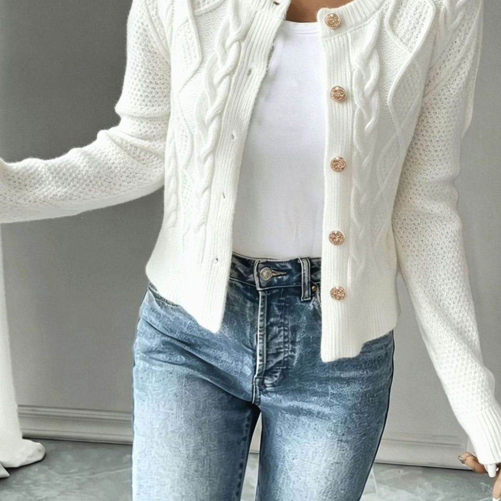 Women's Cable-Knit Gold-Button Cropped Cardigan - White
