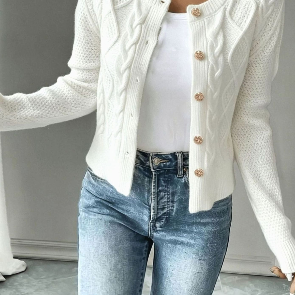 Women's Cable-Knit Gold-Button Cropped Cardigan - White
