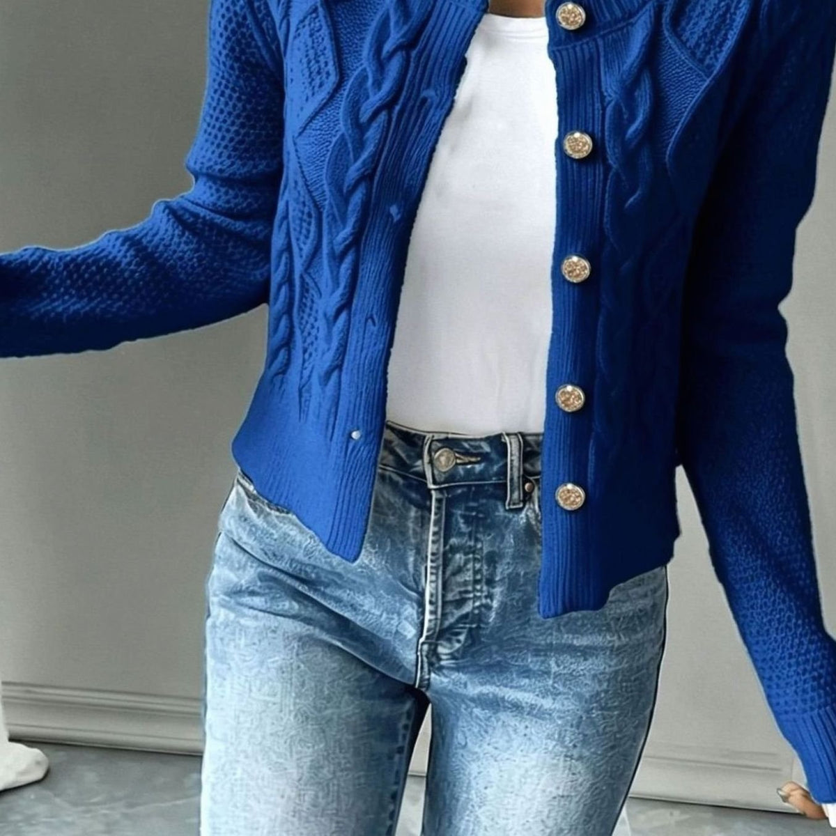 Women's Cable-Knit Gold-Button Cropped Cardigan - Blue