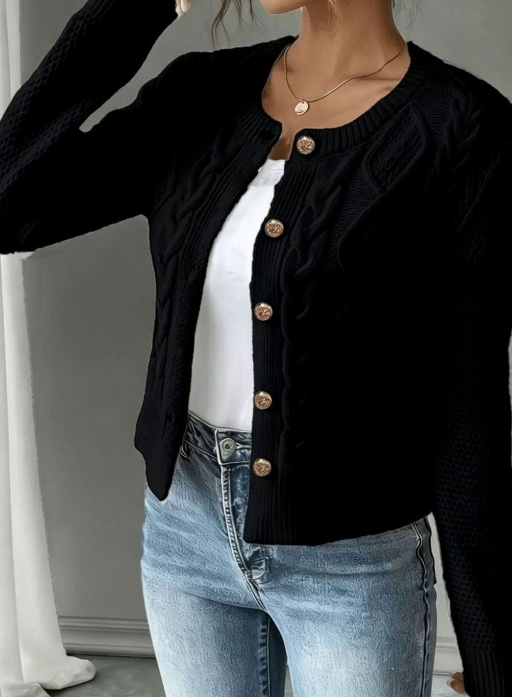 Women's Cable-Knit Gold-Button Cropped Cardigan